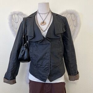 Whimsy Twee Gray Linen Blend Cropped Waxed Jacket Blazer Ruffle Front Romantic